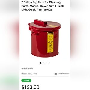 JUSTRIRE 2 Gallon Dip Tank for Cleaning Parts, Manual Cover Steel Red 27602 NEW